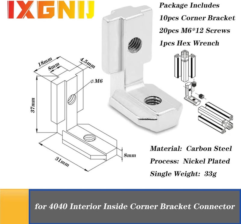 IXGNIJ 10PCS 4040 Corner Bracket L-Shape Interior Inside Connector for 4040 Aluminum Extrusion Accessories Silver(10 LES) - Image 2